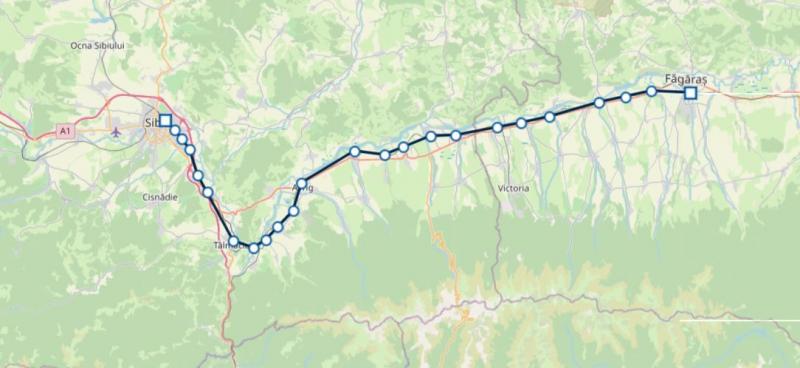 Trassenverlauf der Bahn von Făgăraș (Fogarasch) nach Sibiu (Hermannstadt)