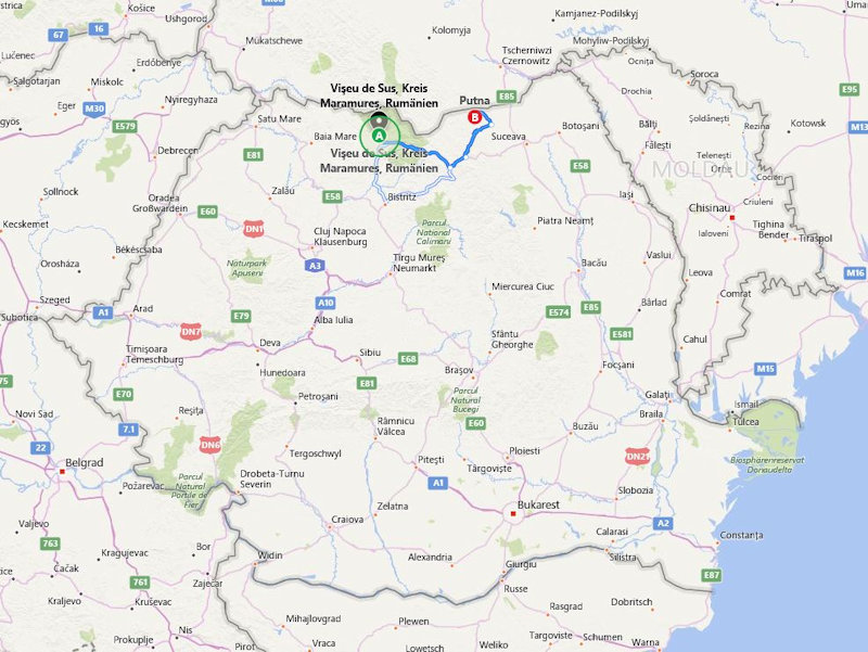 Karte - Fahrt von Viseu de Sus nach Putna
