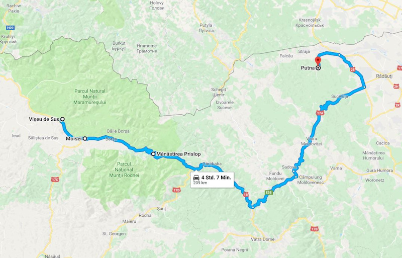 Karte - Fahrt von Viseu de Sus nach Putna über Moisei und Prislop