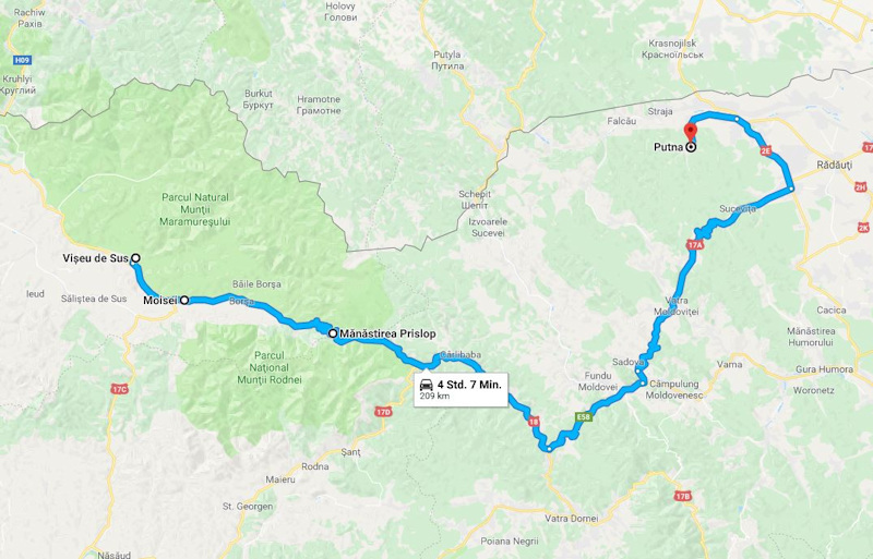 Karte - Fahrt von Viseu de Sus nach Putna über Moisei und Prislop